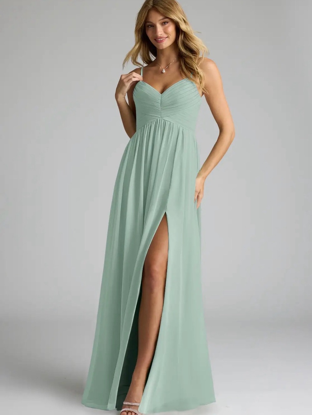 Azazie Sage Green Spaghetti Strap Maxi Dress with Front Slit